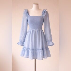 Smocked Bodice Light Blue Long-Sleeve Mini Dress